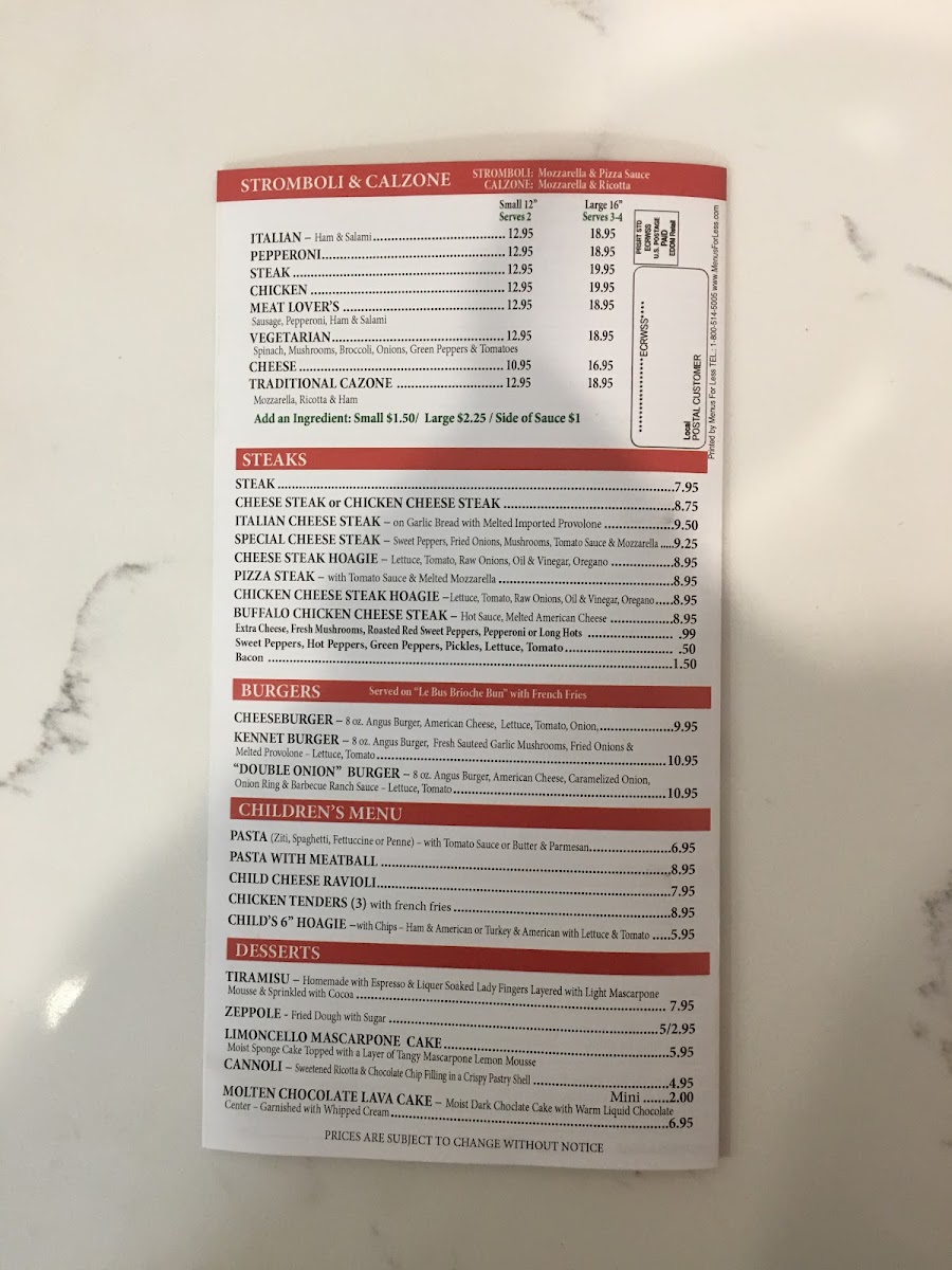 Enzo's Pizza & Pasta menu board