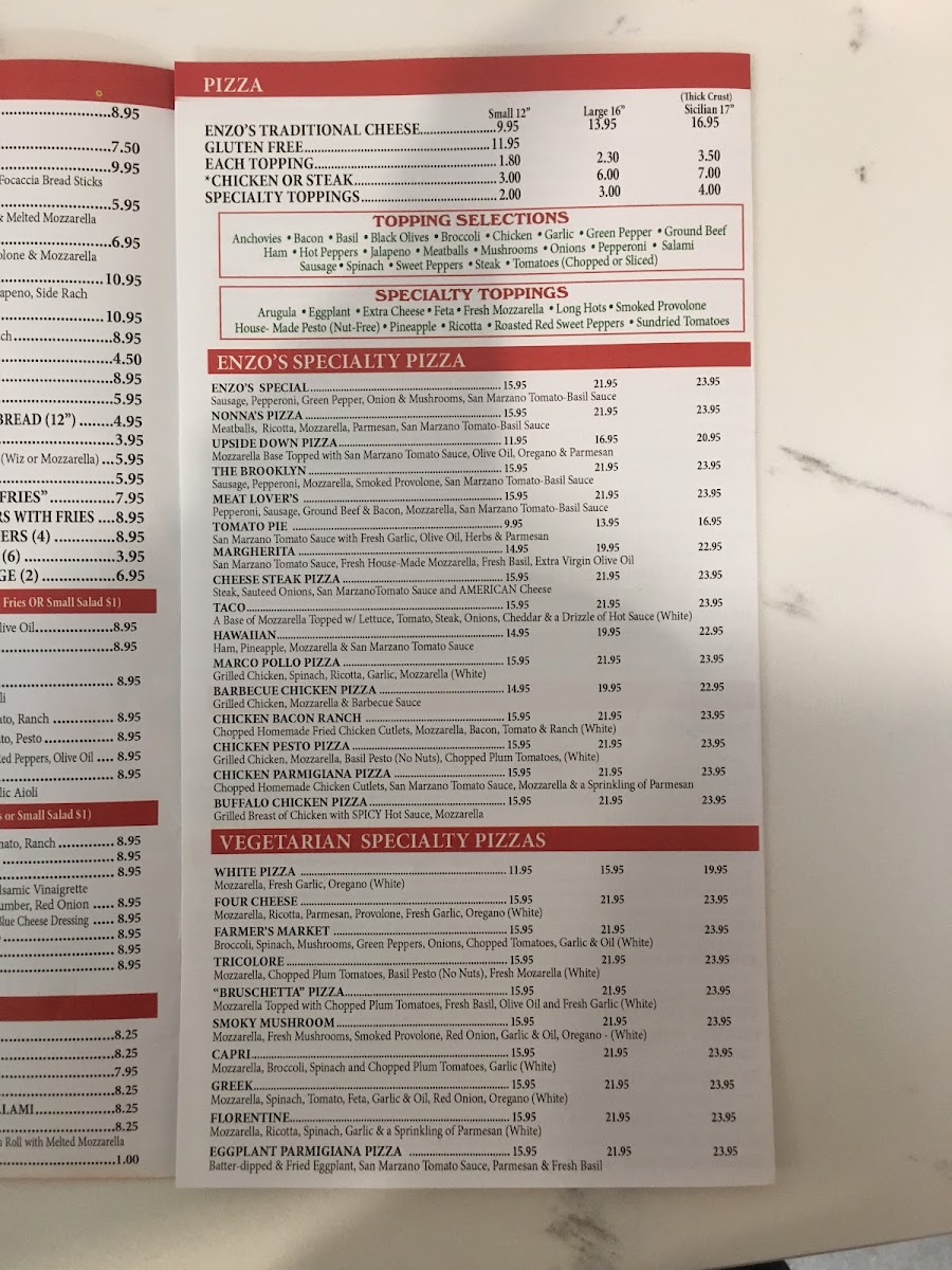 Enzo's Pizza & Pasta menu board