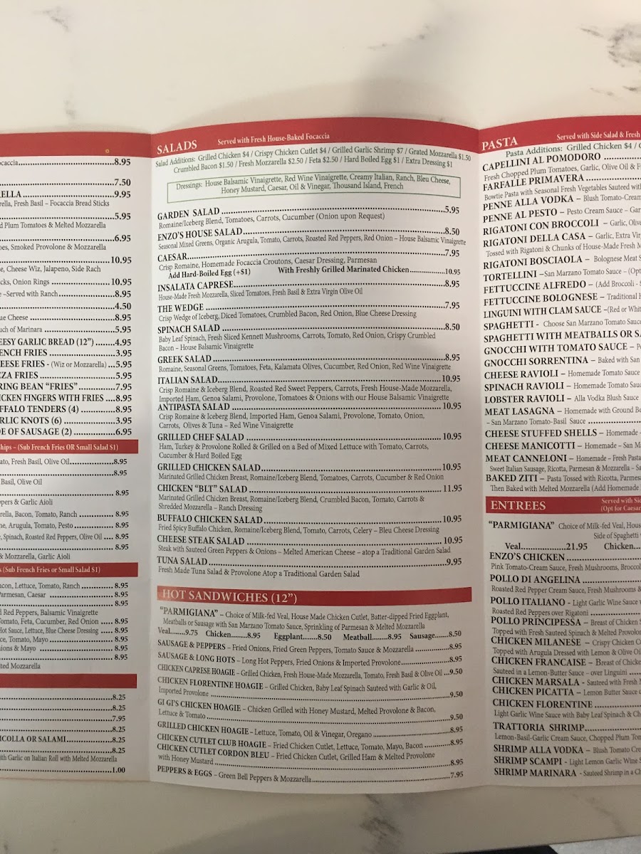 Enzo's Pizza & Pasta menu board