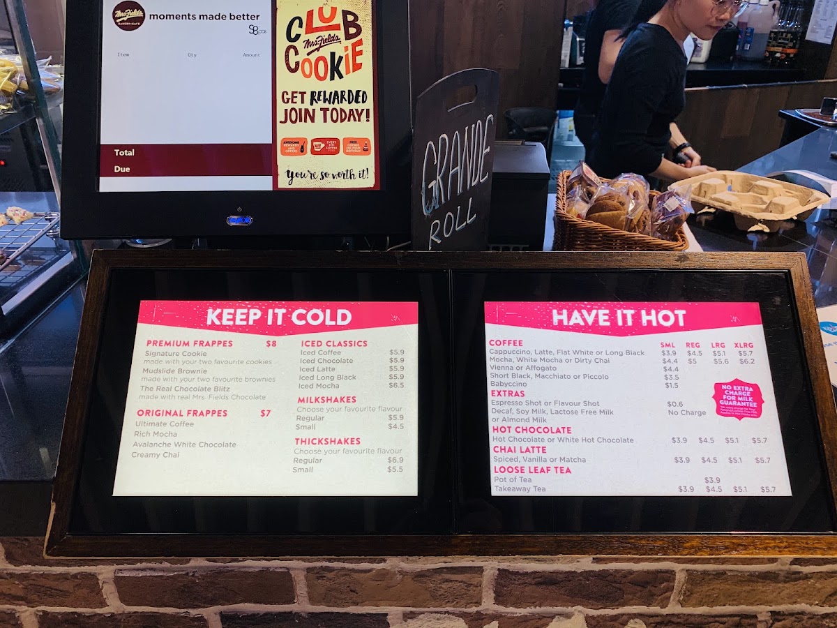 Mrs. Fields Bakery Cafe menu board