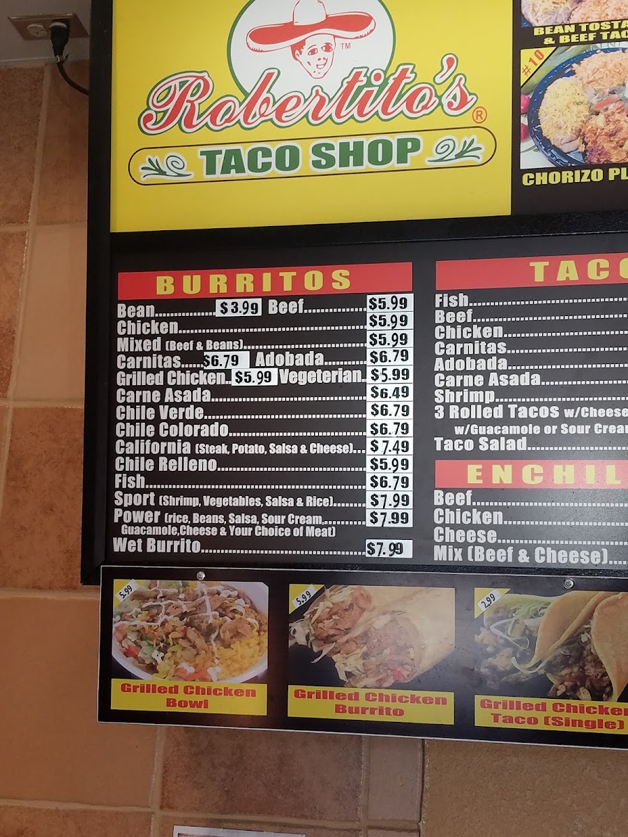 Robertito's Taco Shop menu board