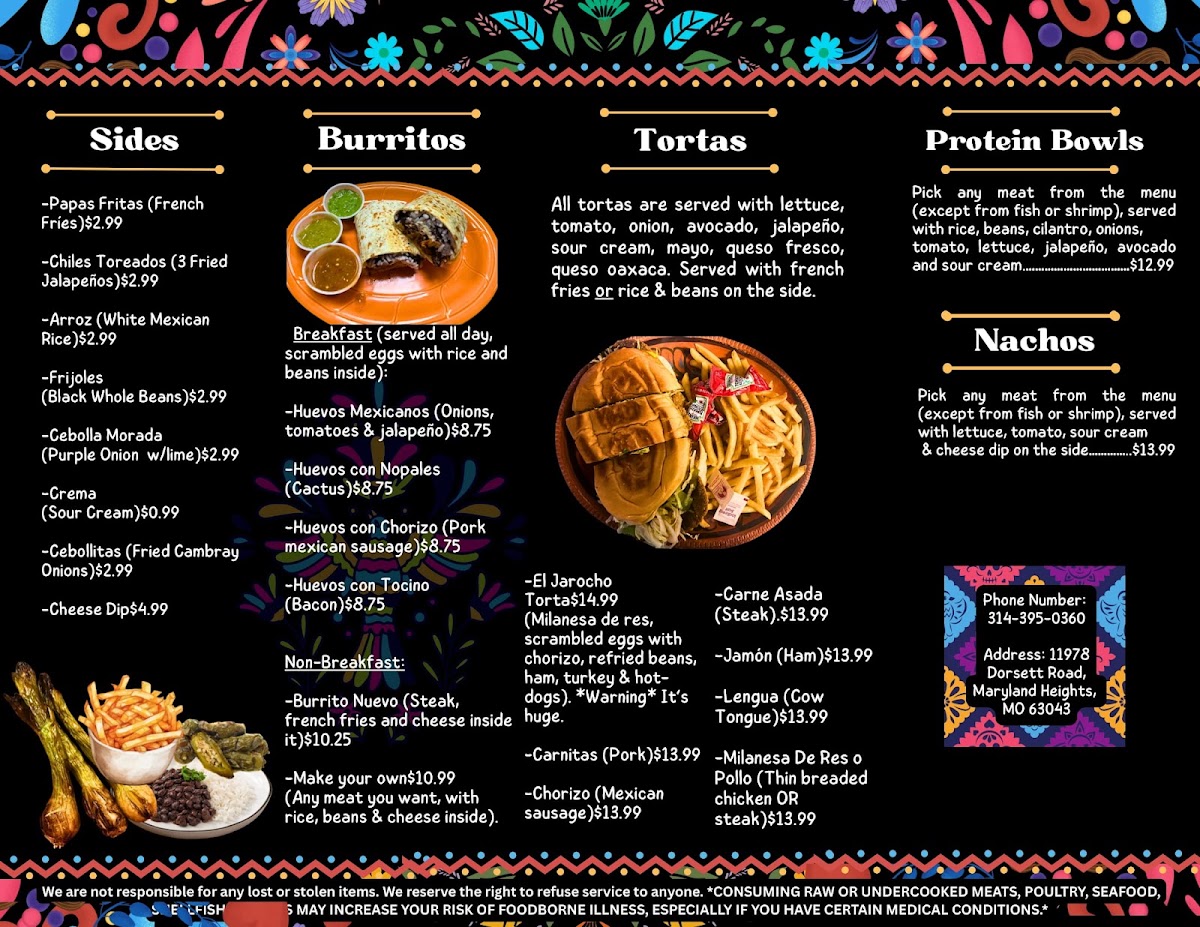 El Jarocho Tienda and Taqueria menu board