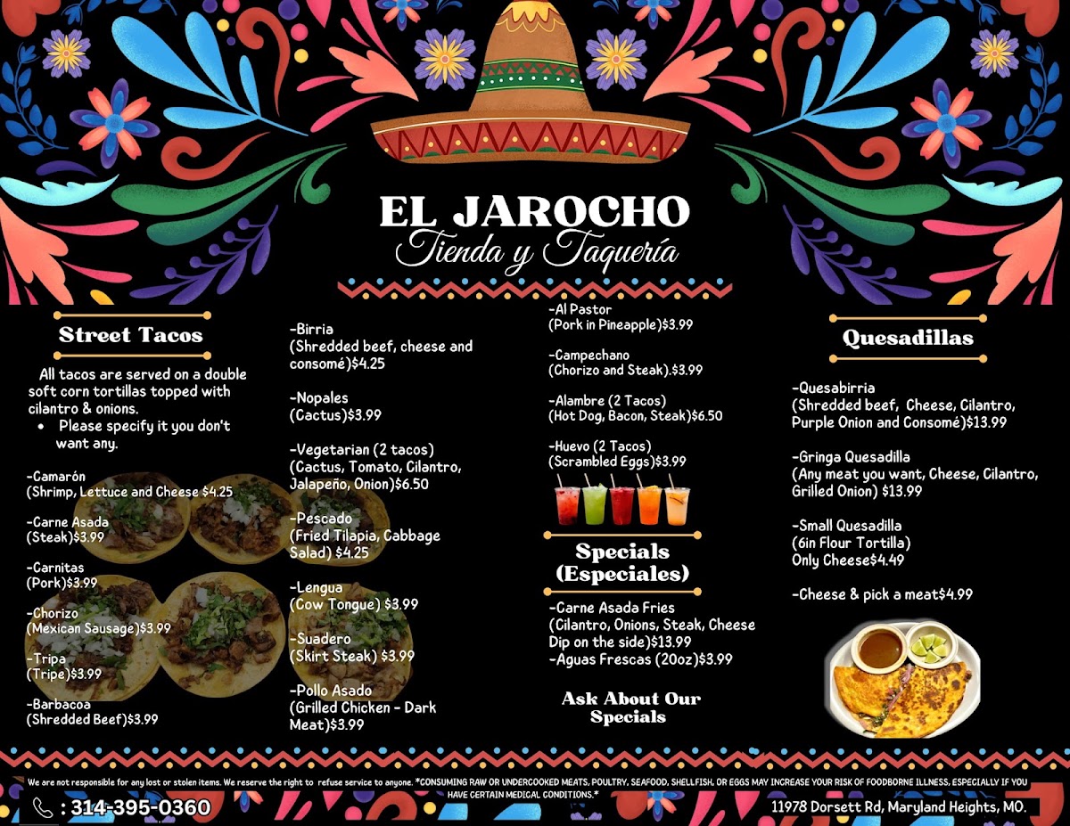 El Jarocho Tienda and Taqueria menu board