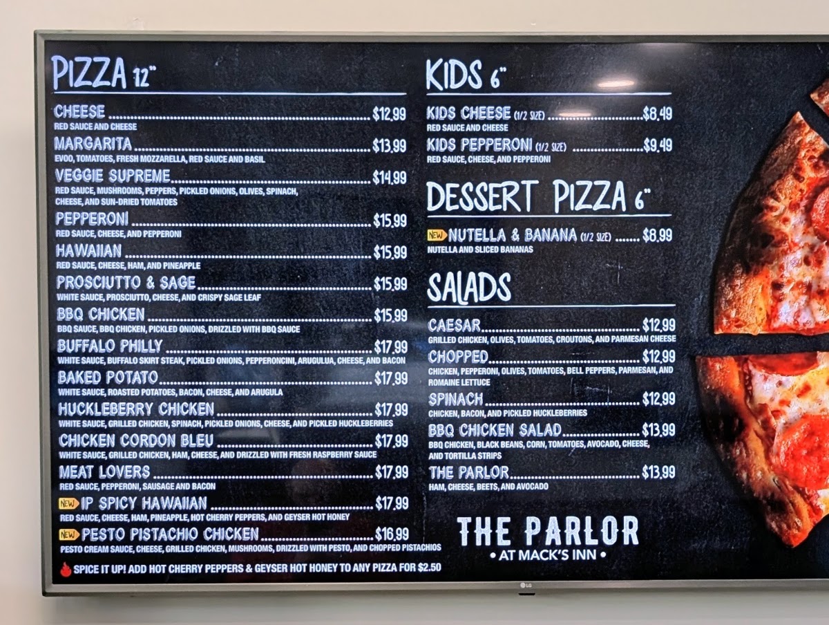 The Parlor at Mack's Inn menu board