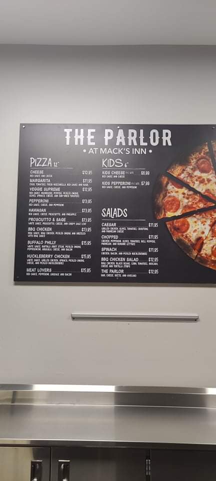 The Parlor at Mack's Inn menu board