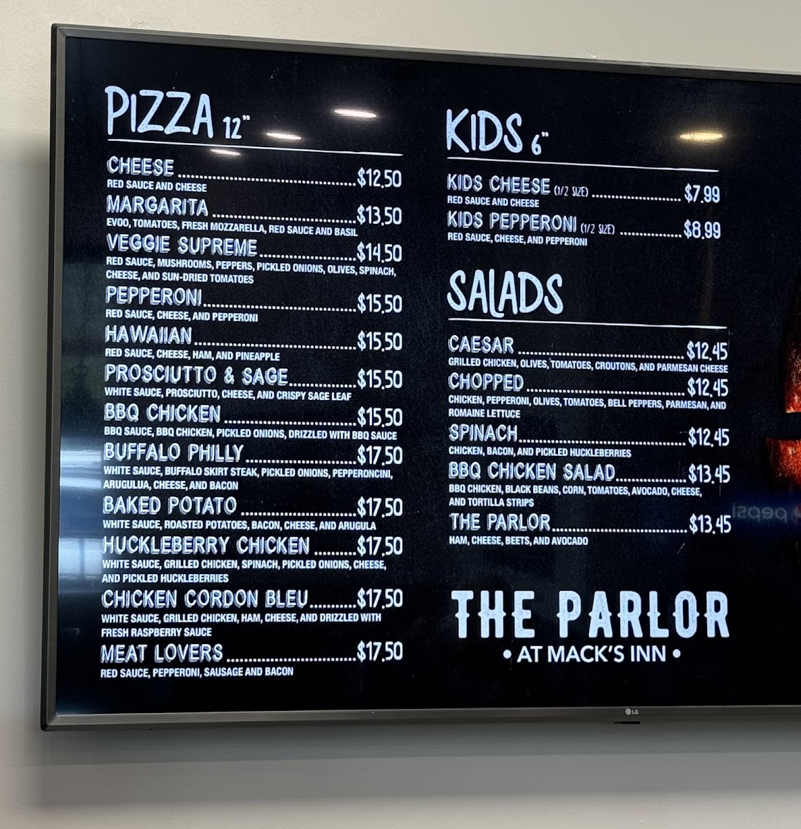The Parlor at Mack's Inn menu board