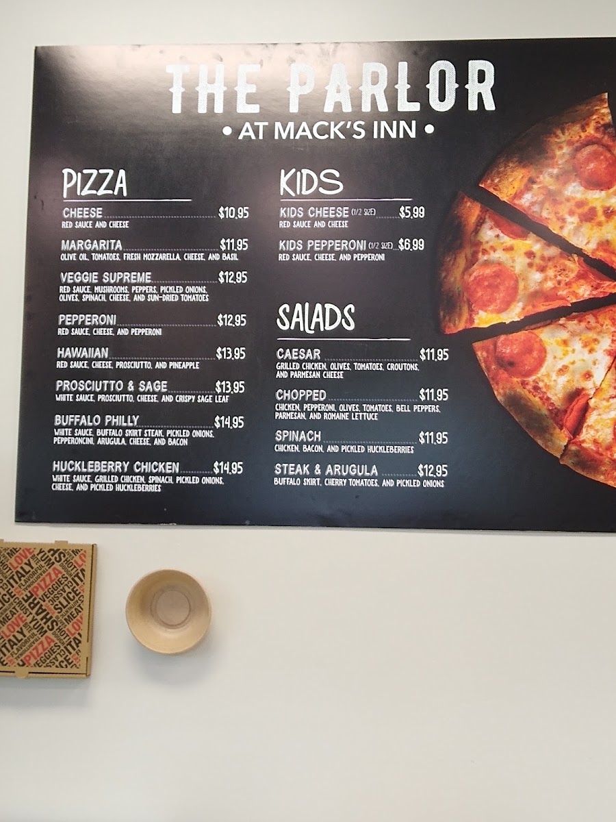 The Parlor at Mack's Inn menu board