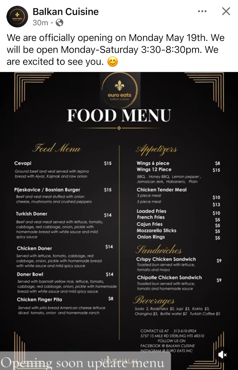 Euro Eats Inc menu board
