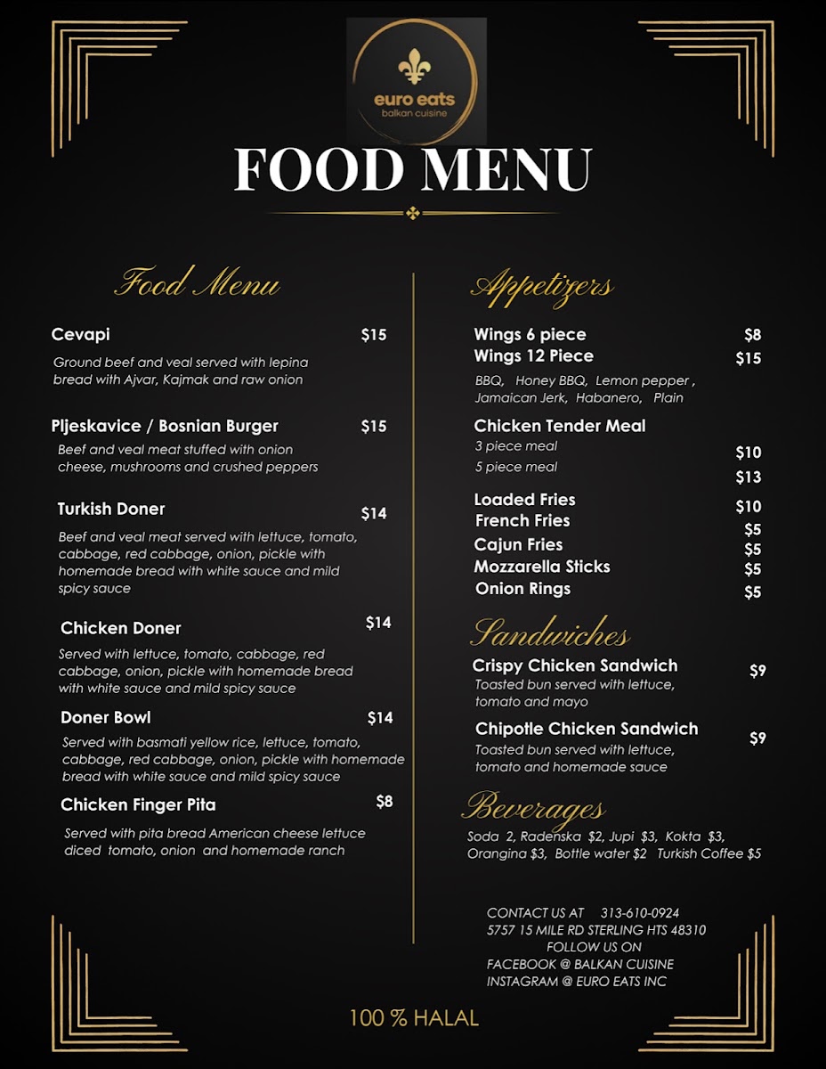 Euro Eats Inc menu board