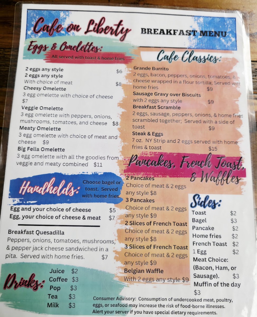 Cafe on Liberty menu board