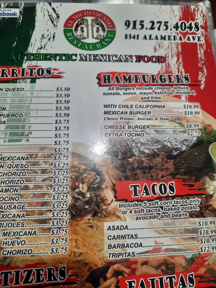 El Michoacano Restaurant menu board