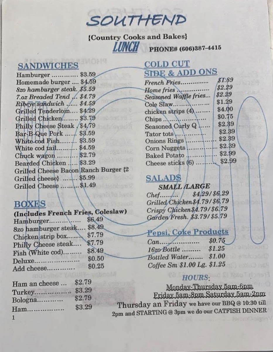 SouthEnd Country Cooks & Bakes menu board