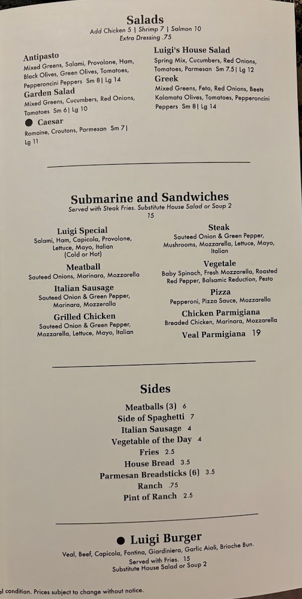 Luigi's Italian Carryout menu board