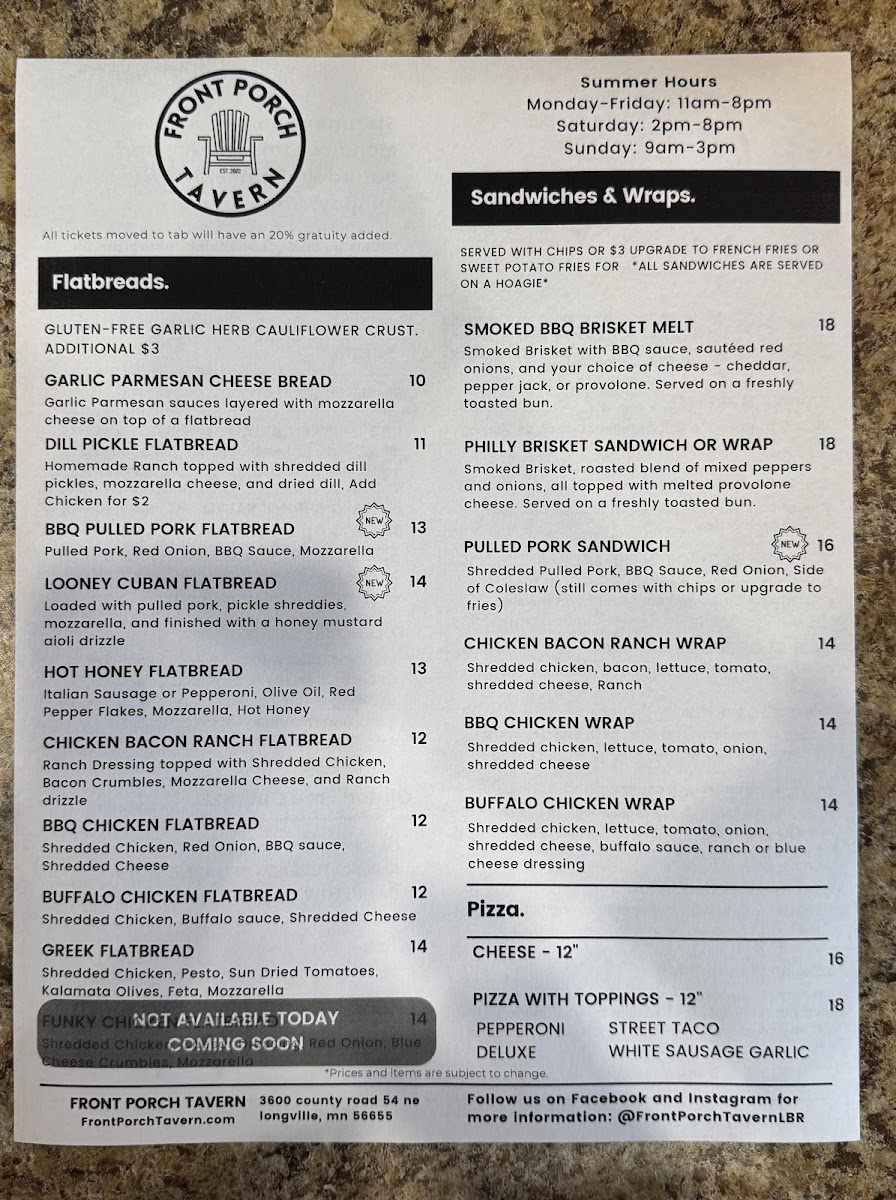 Front Porch Tavern at Little Boy Resort & Campground menu board