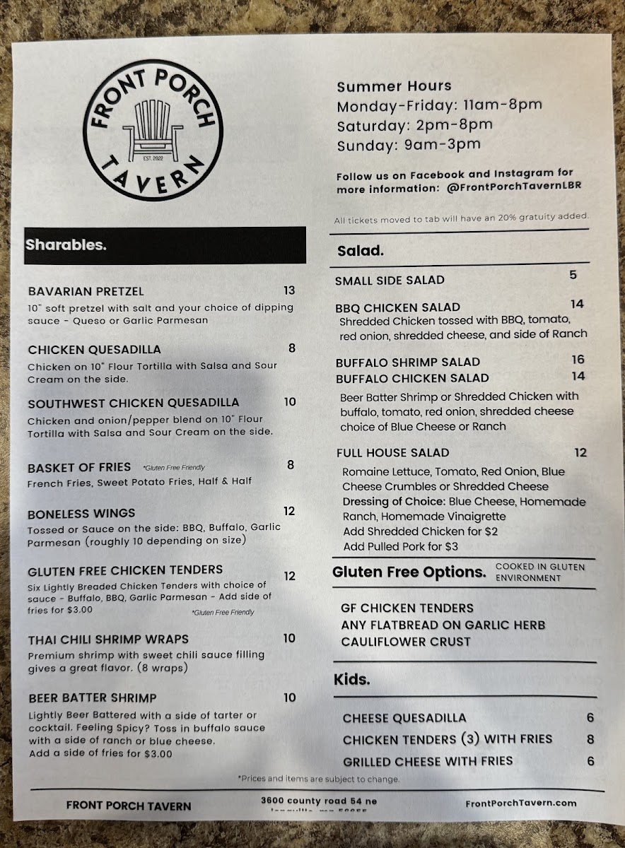 Front Porch Tavern at Little Boy Resort & Campground menu board