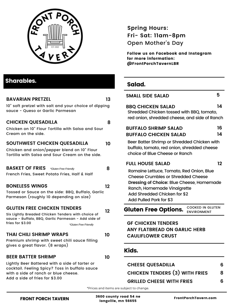 Front Porch Tavern at Little Boy Resort & Campground menu board