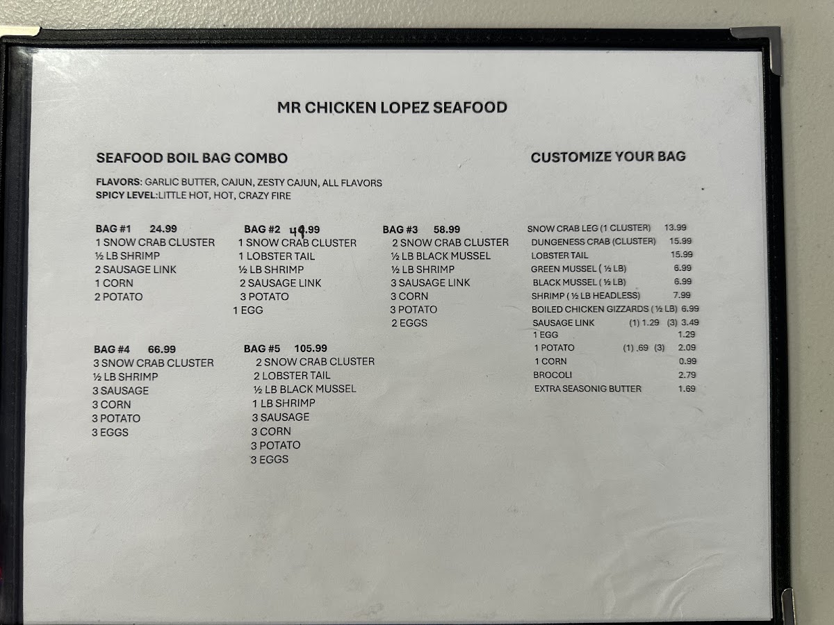 Mr chicken lopez seafood menu board
