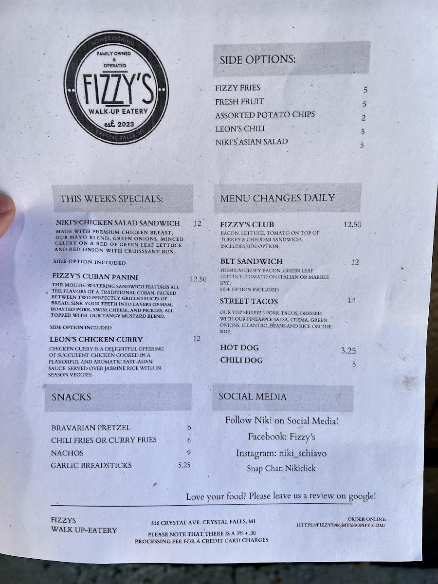 Fizzy's Walk-Up Eatery & Catering menu board