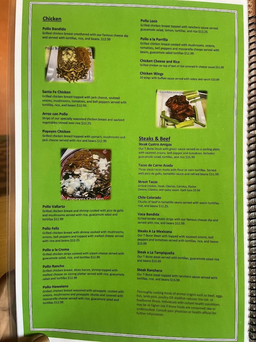 4 Amigos Mexican Restaurant Bar & Grill menu board