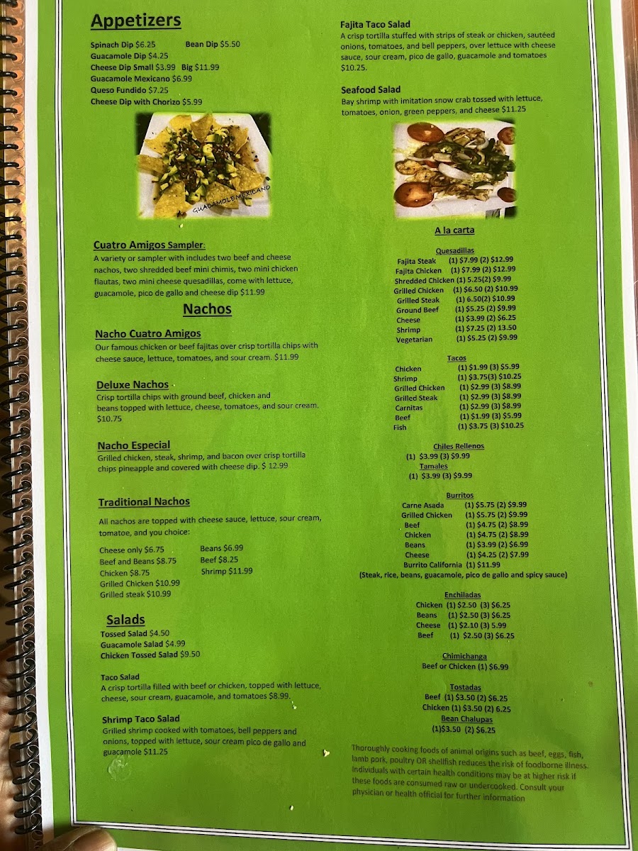 4 Amigos Mexican Restaurant Bar & Grill menu board