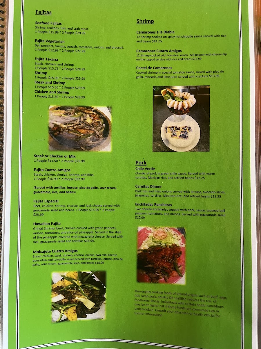 4 Amigos Mexican Restaurant Bar & Grill menu board