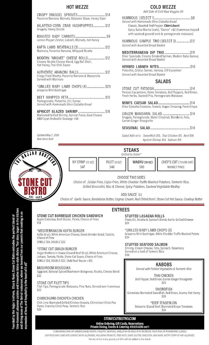 Stone Cut Bistro menu board