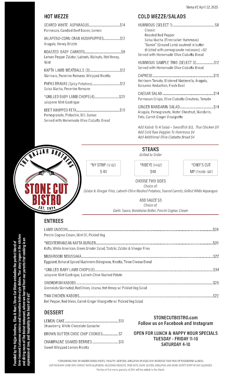 Stone Cut Bistro menu board