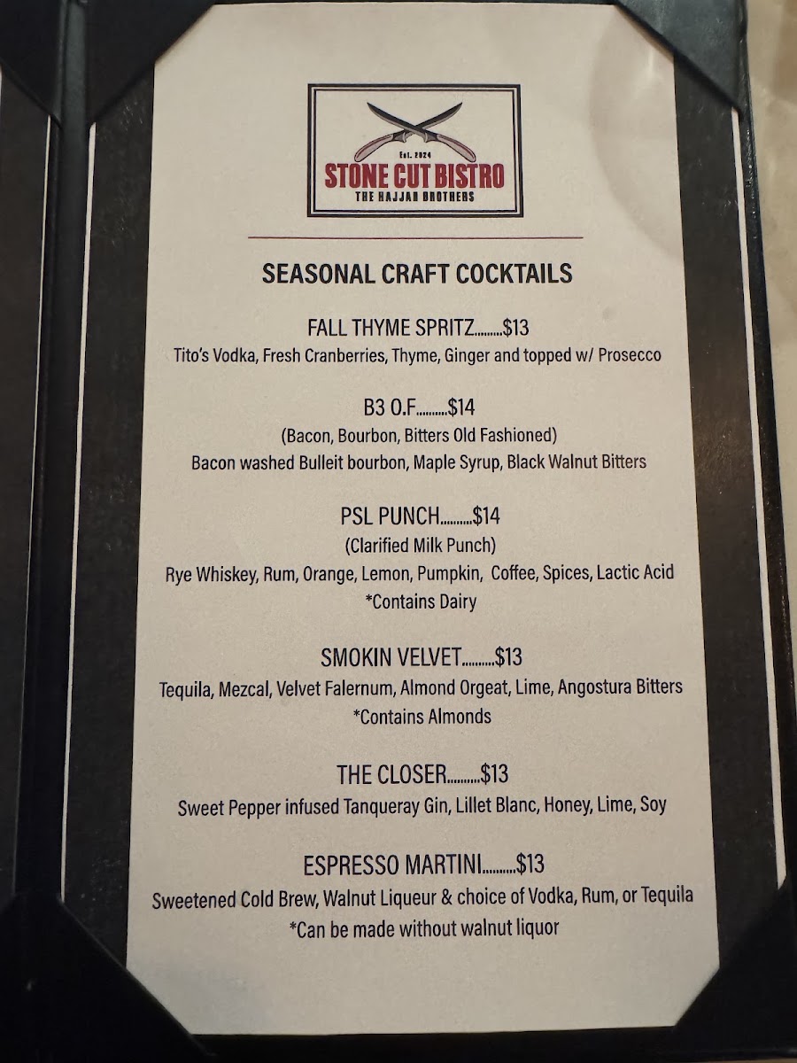 Stone Cut Bistro menu board