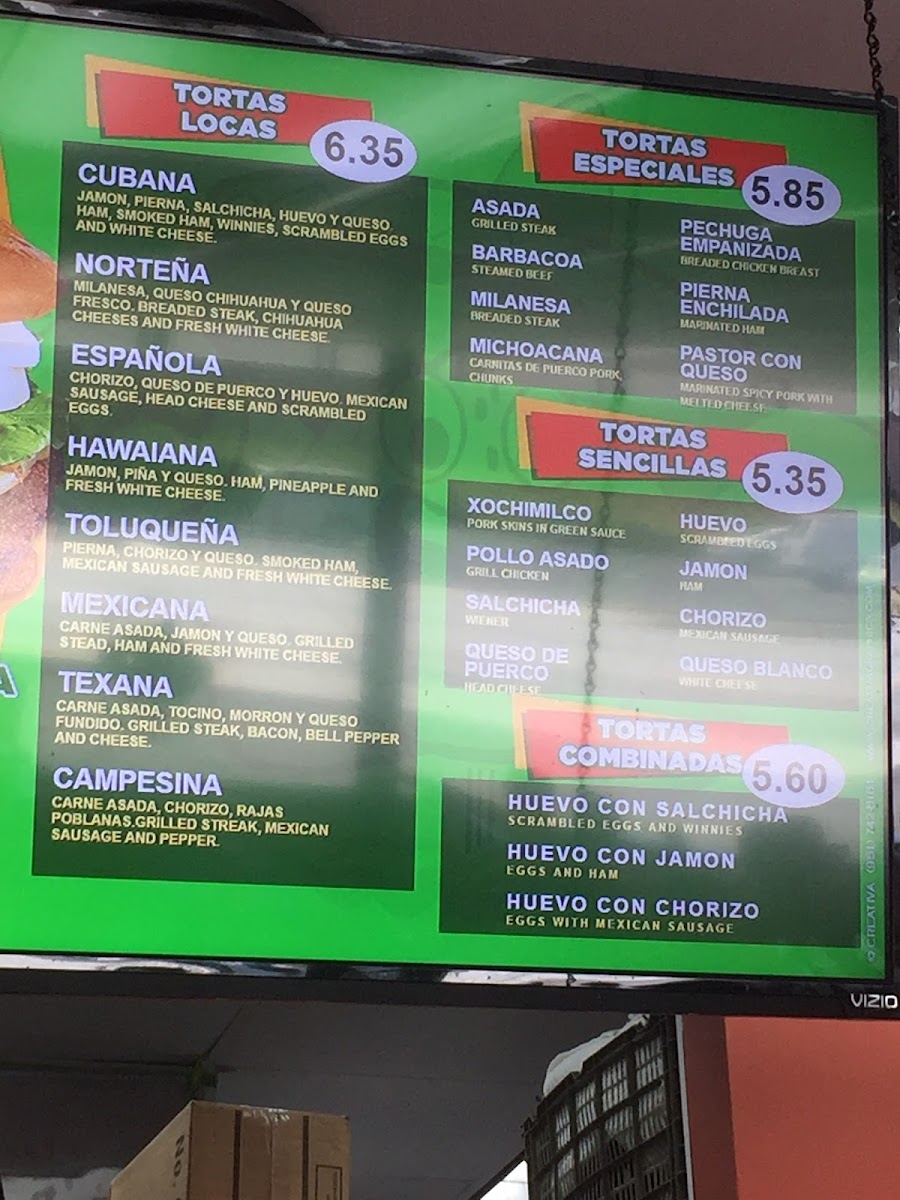 Las Tortas Locas menu board