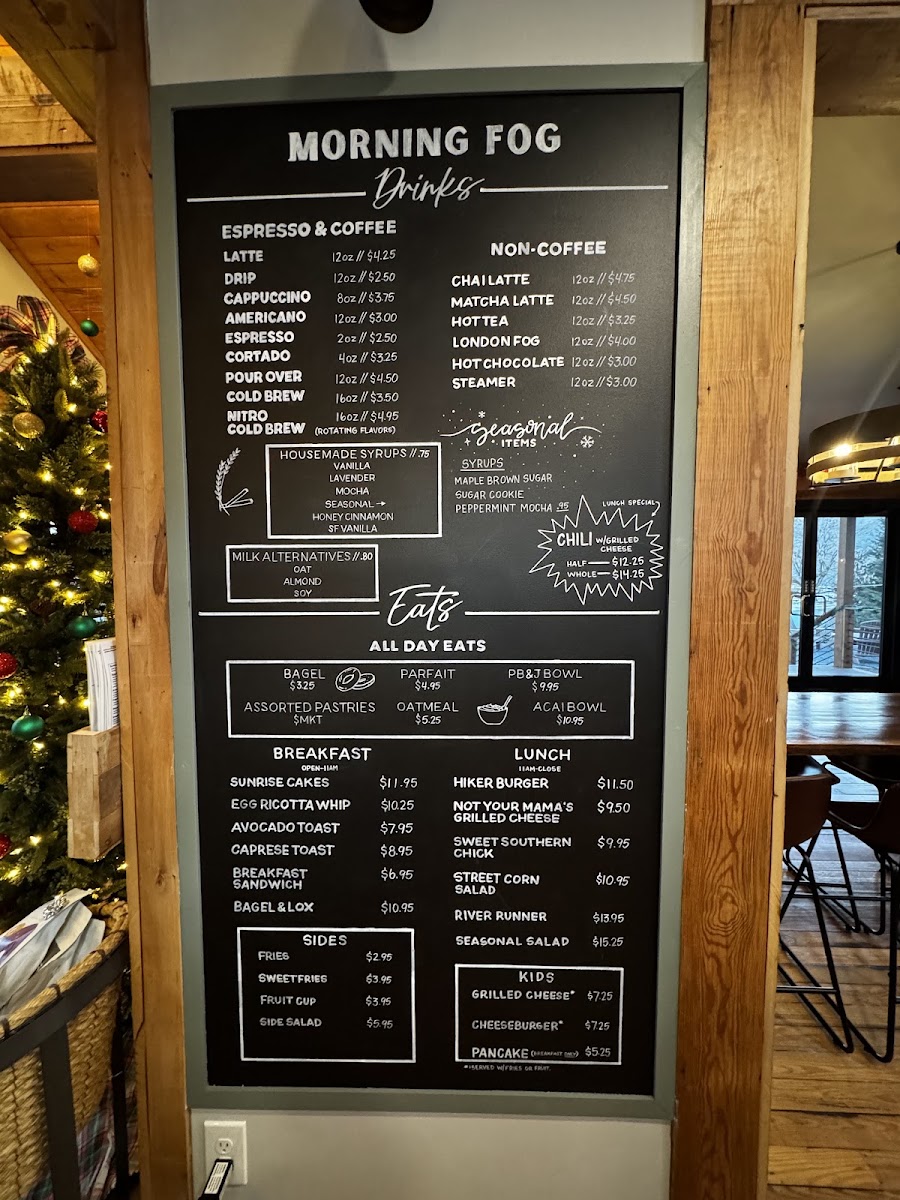 Morning Fog Coffee & Eats menu board