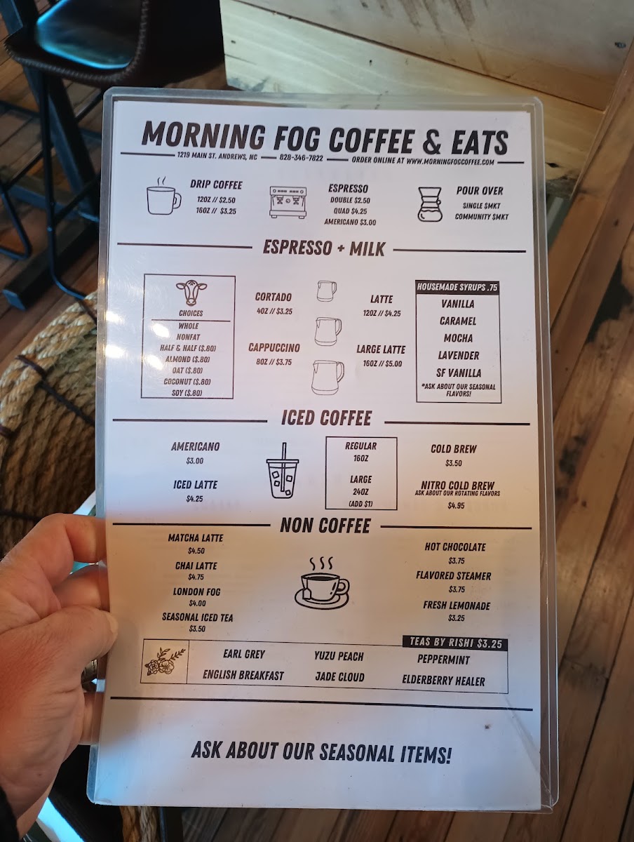 Morning Fog Coffee & Eats menu board