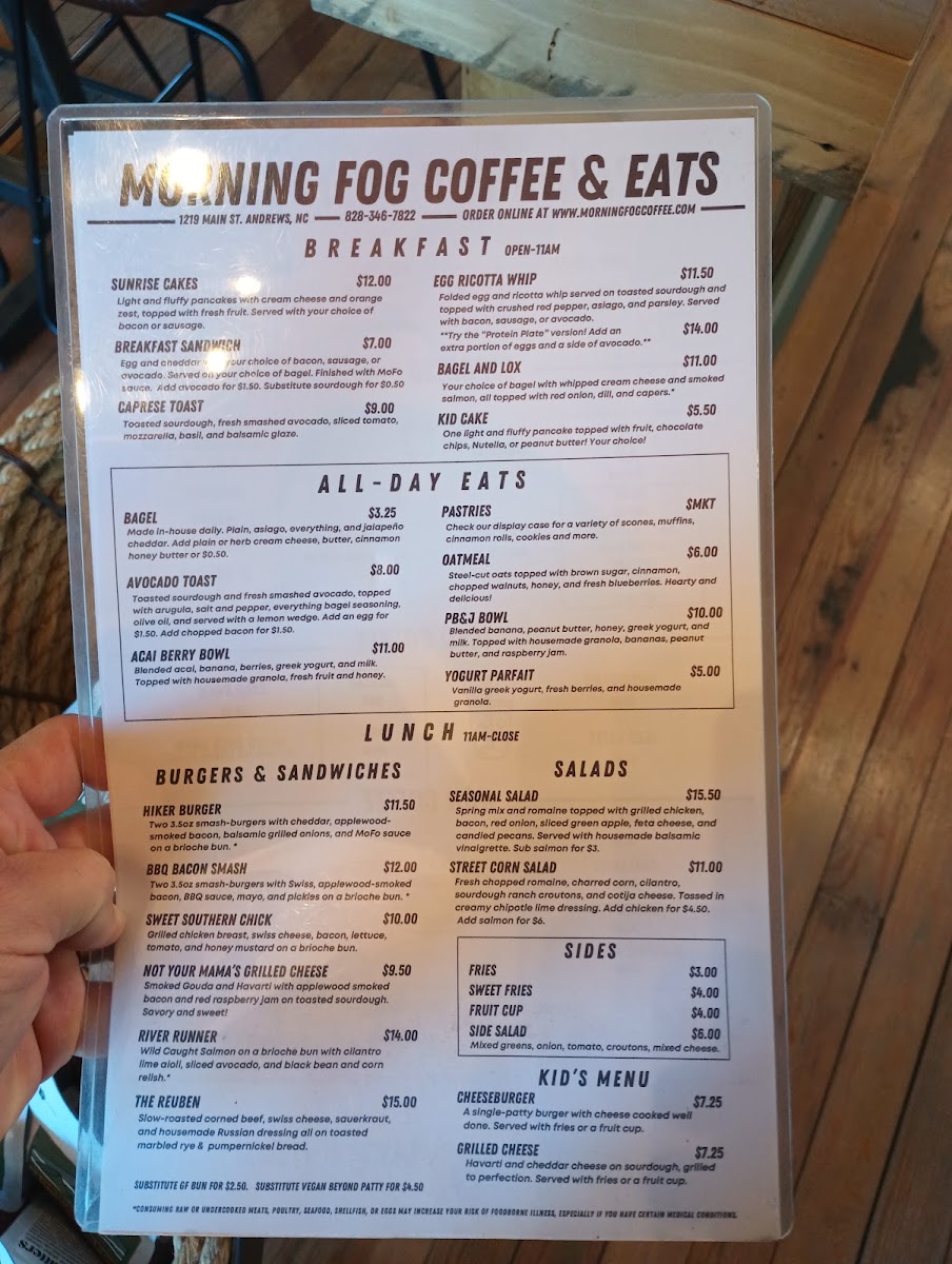 Morning Fog Coffee & Eats menu board