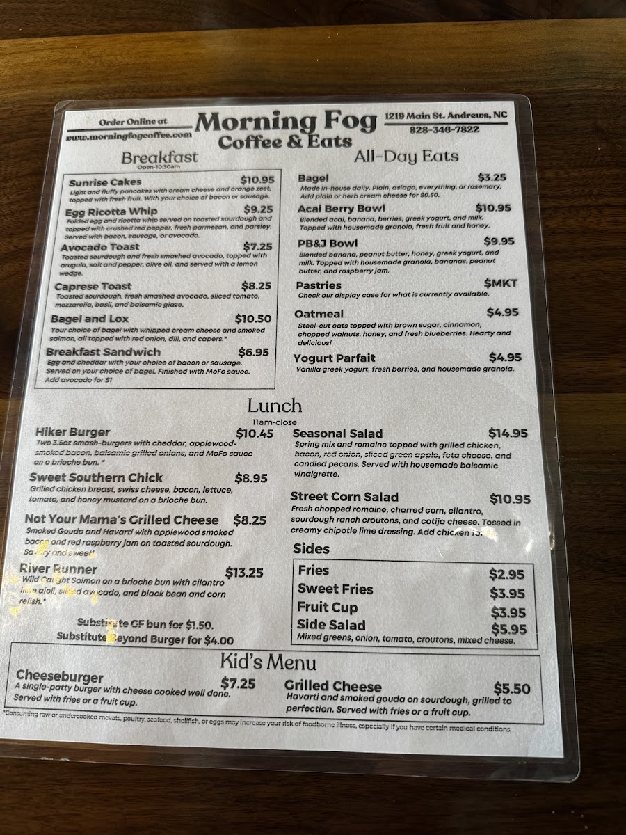 Morning Fog Coffee & Eats menu board