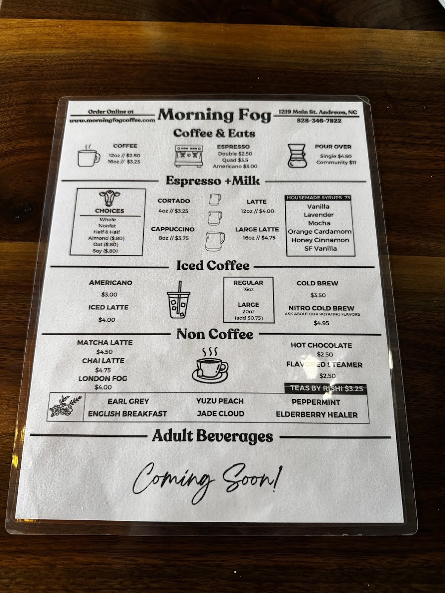 Morning Fog Coffee & Eats menu board
