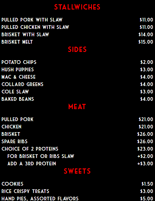 Stall BBQ Company menu board