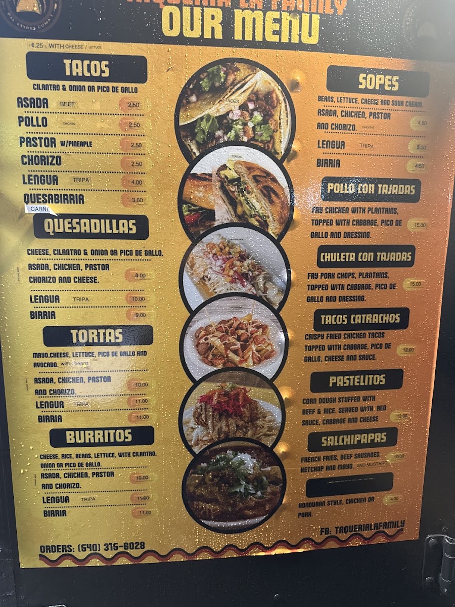 Taqueria La Family menu board