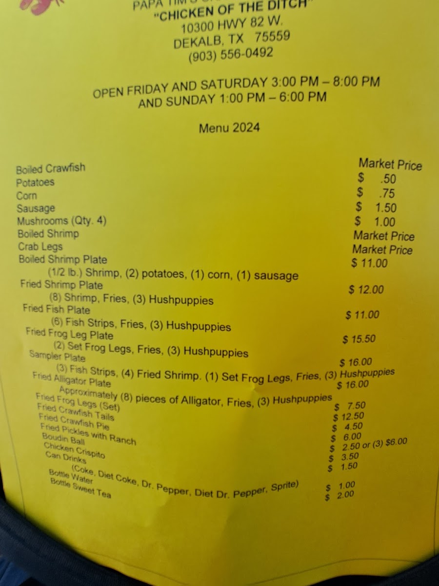 Papa Tim's crawdads hole menu board