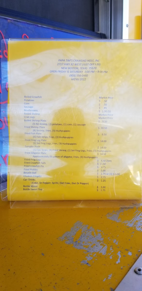 Papa Tim's crawdads hole menu board
