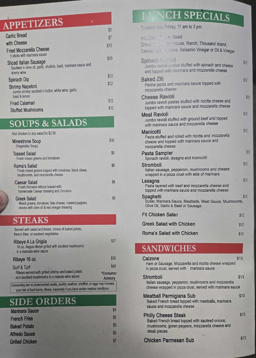 Roma Italian Restaurant menu board