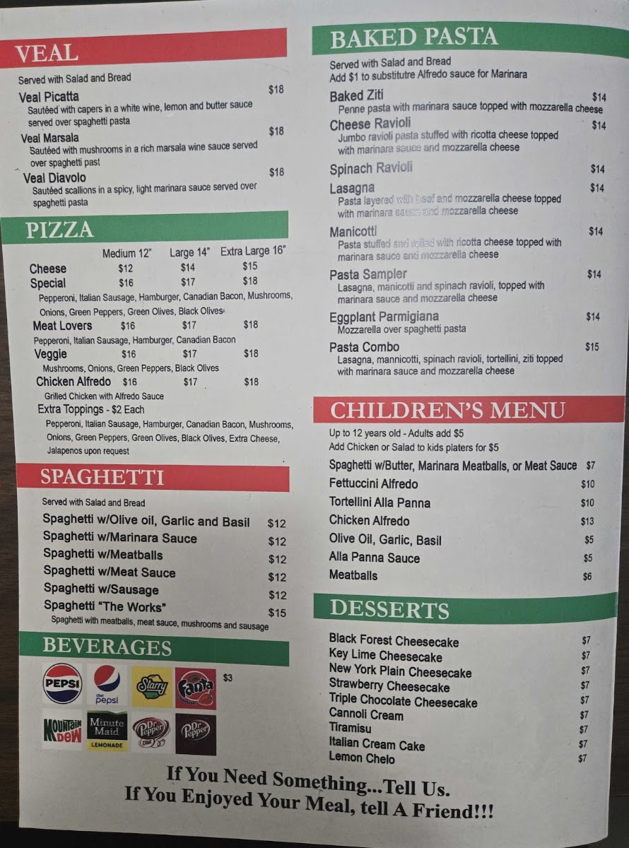 Roma Italian Restaurant menu board