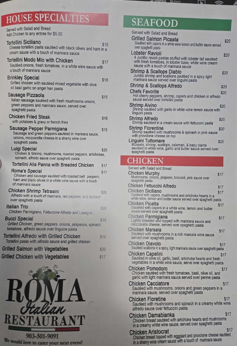 Roma Italian Restaurant menu board