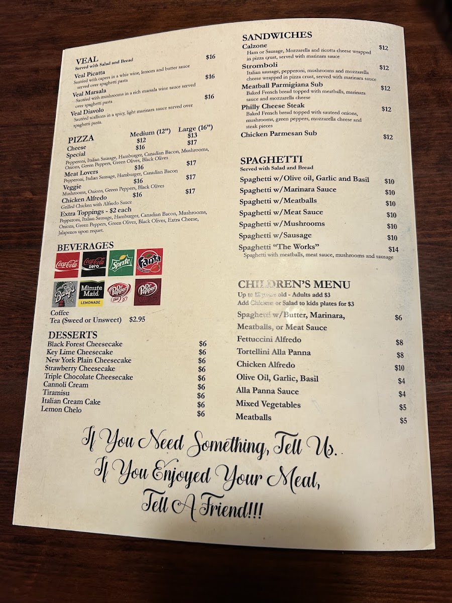 Roma Italian Restaurant menu board