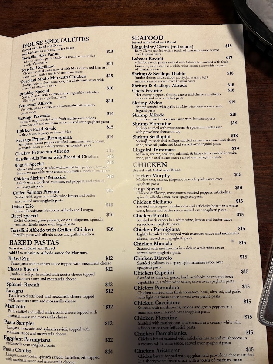 Roma Italian Restaurant menu board