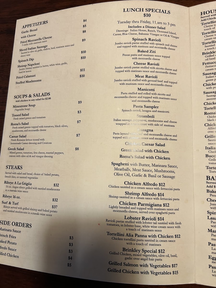 Roma Italian Restaurant menu board