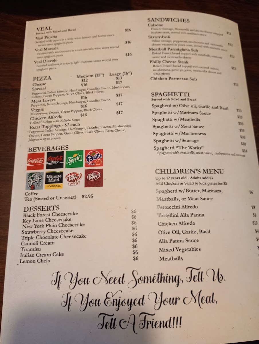 Roma Italian Restaurant menu board