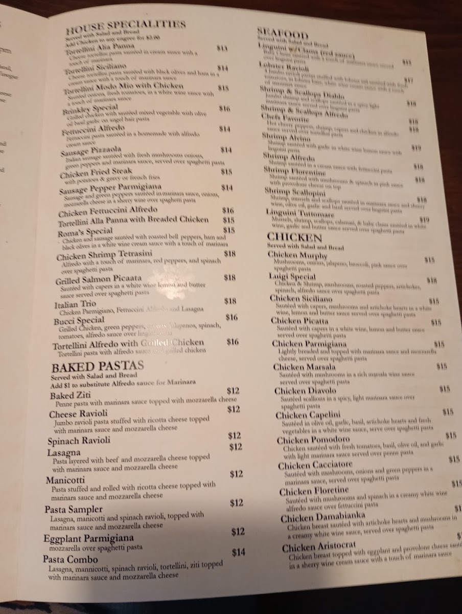 Roma Italian Restaurant menu board