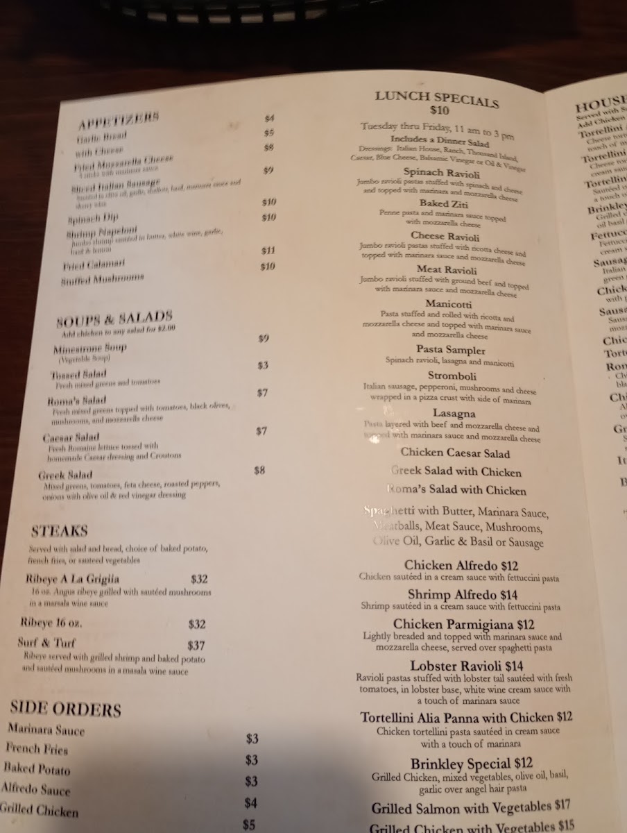Roma Italian Restaurant menu board