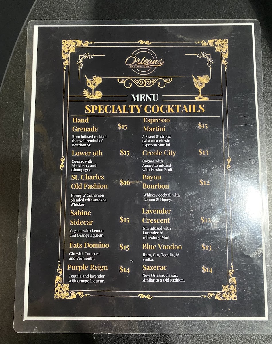 Orleans Bar and Grill menu board