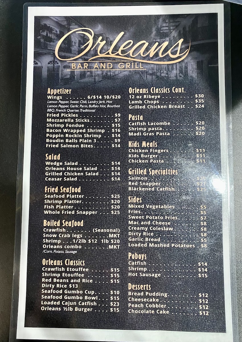 Orleans Bar and Grill menu board