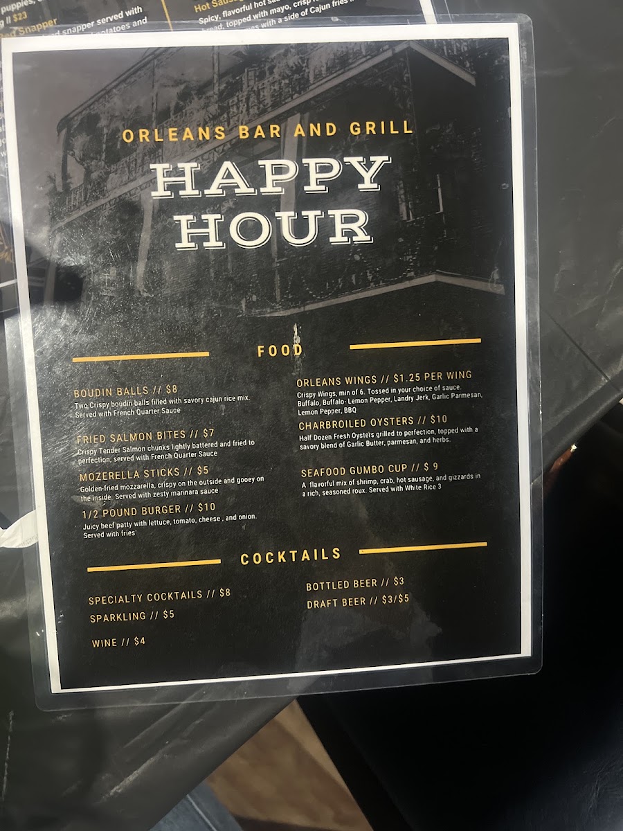 Orleans Bar and Grill menu board